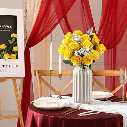 12Pcs Roses Realistic Long Stem Fake Silk Artificial Flowers Yellow | Realistic Long Stem Fake Silk Roses Bouquet for Party Home Wedding Centerpiece Office DIY Decor