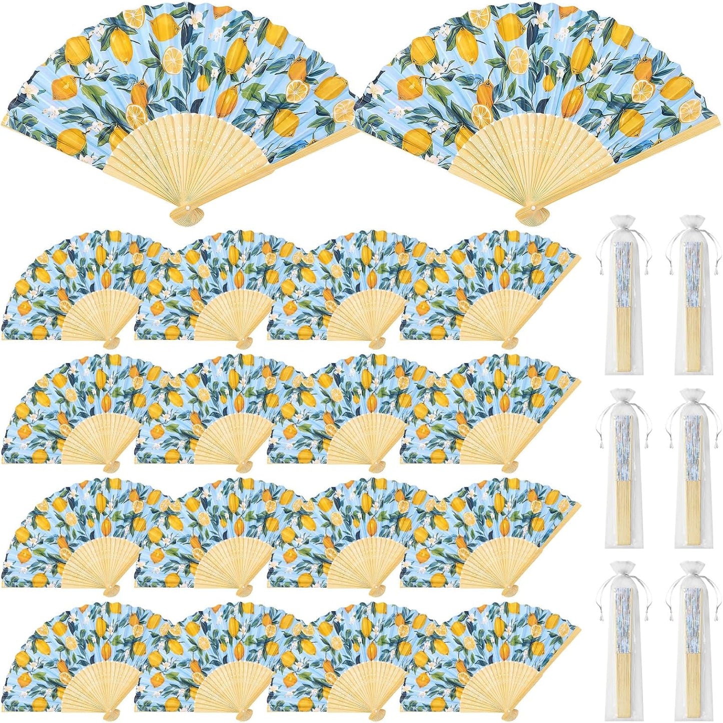 Lemon Fans,24 Set Lemon Folding Hand Fans Bulk with Organza Bags,Bridal Shower, Mediterranean Style, Wedding Hand Fans for Wedding Favors for Guests Bulk,Lemon Party Decorations