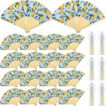 Lemon Fans,24 Set Lemon Folding Hand Fans Bulk with Organza Bags,Bridal Shower, Mediterranean Style, Wedding Hand Fans for Wedding Favors for Guests Bulk,Lemon Party Decorations