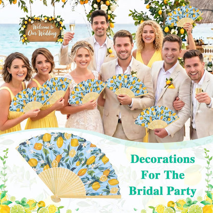 Lemon Fans,24 Set Lemon Folding Hand Fans Bulk with Organza Bags,Bridal Shower, Mediterranean Style, Wedding Hand Fans for Wedding Favors for Guests Bulk,Lemon Party Decorations