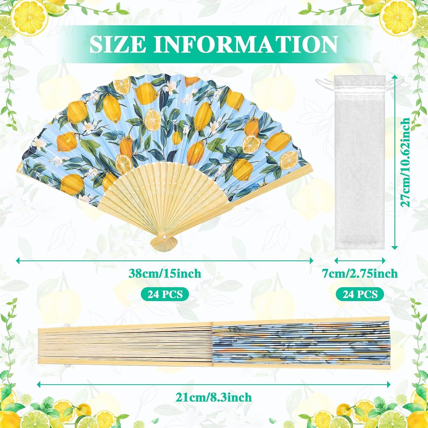 Lemon Fans,24 Set Lemon Folding Hand Fans Bulk with Organza Bags,Bridal Shower, Mediterranean Style, Wedding Hand Fans for Wedding Favors for Guests Bulk,Lemon Party Decorations