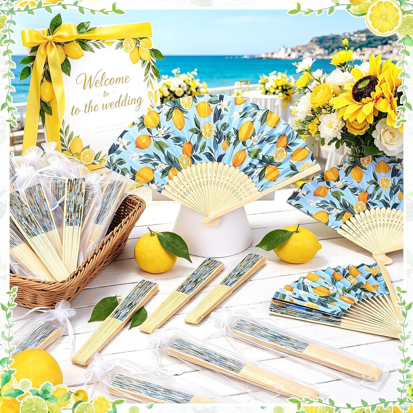 Lemon Fans,24 Set Lemon Folding Hand Fans Bulk with Organza Bags,Bridal Shower, Mediterranean Style, Wedding Hand Fans for Wedding Favors for Guests Bulk,Lemon Party Decorations