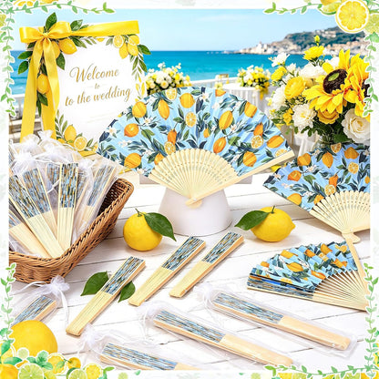 Lemon Fans,24 Set Lemon Folding Hand Fans Bulk with Organza Bags,Bridal Shower, Mediterranean Style, Wedding Hand Fans for Wedding Favors for Guests Bulk,Lemon Party Decorations