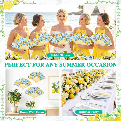 Lemon Fans,24 Set Lemon Folding Hand Fans Bulk with Organza Bags,Bridal Shower, Mediterranean Style, Wedding Hand Fans for Wedding Favors for Guests Bulk,Lemon Party Decorations