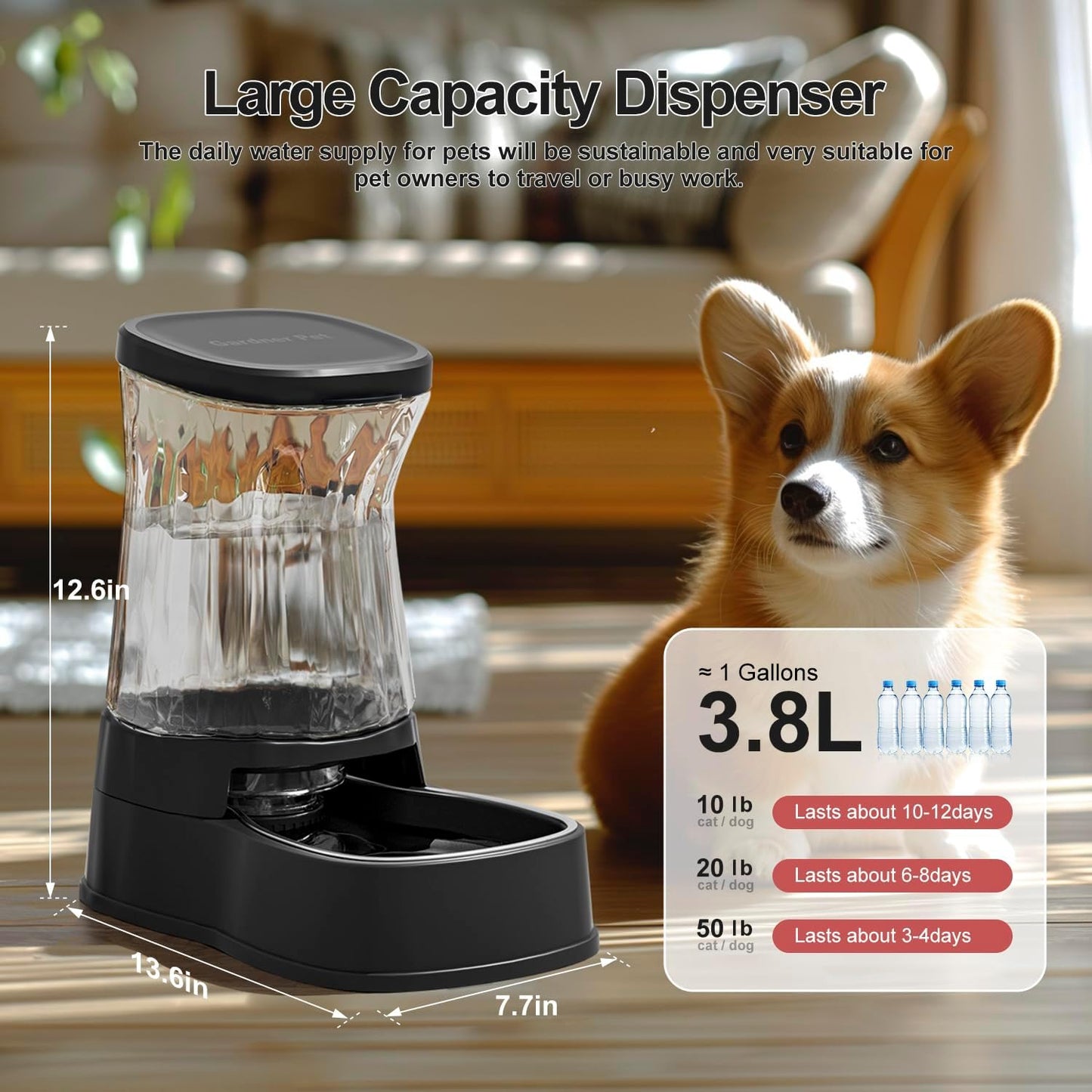 Automatic Dog Water Dispenser Gravity Stainless Steel Water Waterer Feeder, 100% BPA-Free Large Capacity Water Feeding Bowls for Medium & Large-Sized Dogs Cats Other Pets -(1 Gallon)
