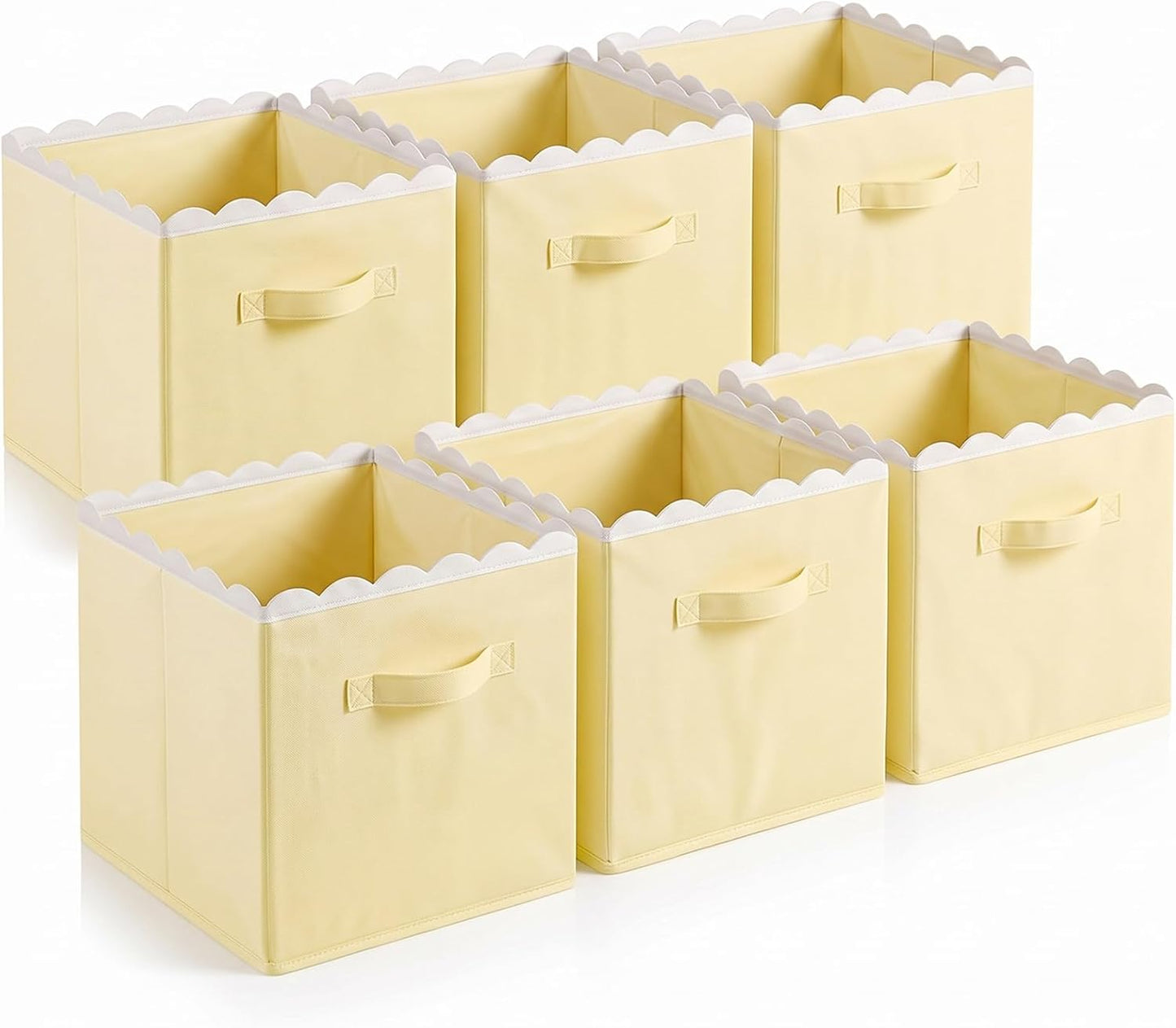 6 Pcs Light Yellow Scalloped Cube Storage Bins 11 Inch Fabric Storage Basket with Handle Collapsible Clothes Closet Organizer Bin for Classroom Books Toy Box Nursery School Organizing