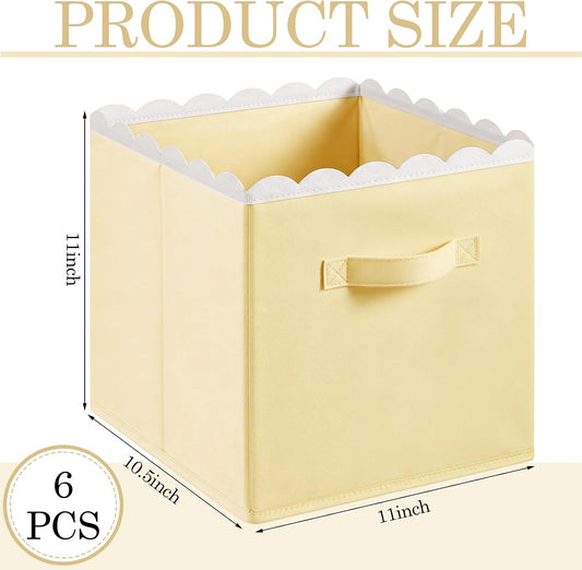 6 Pcs Light Yellow Scalloped Cube Storage Bins 11 Inch Fabric Storage Basket with Handle Collapsible Clothes Closet Organizer Bin for Classroom Books Toy Box Nursery School Organizing