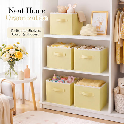 6 Pcs Light Yellow Scalloped Cube Storage Bins 11 Inch Fabric Storage Basket with Handle Collapsible Clothes Closet Organizer Bin for Classroom Books Toy Box Nursery School Organizing