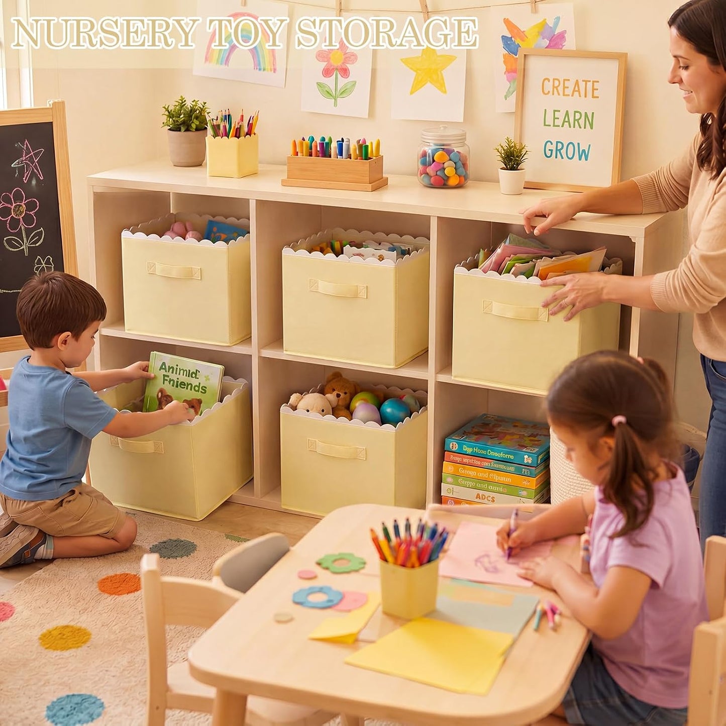 6 Pcs Light Yellow Scalloped Cube Storage Bins 11 Inch Fabric Storage Basket with Handle Collapsible Clothes Closet Organizer Bin for Classroom Books Toy Box Nursery School Organizing