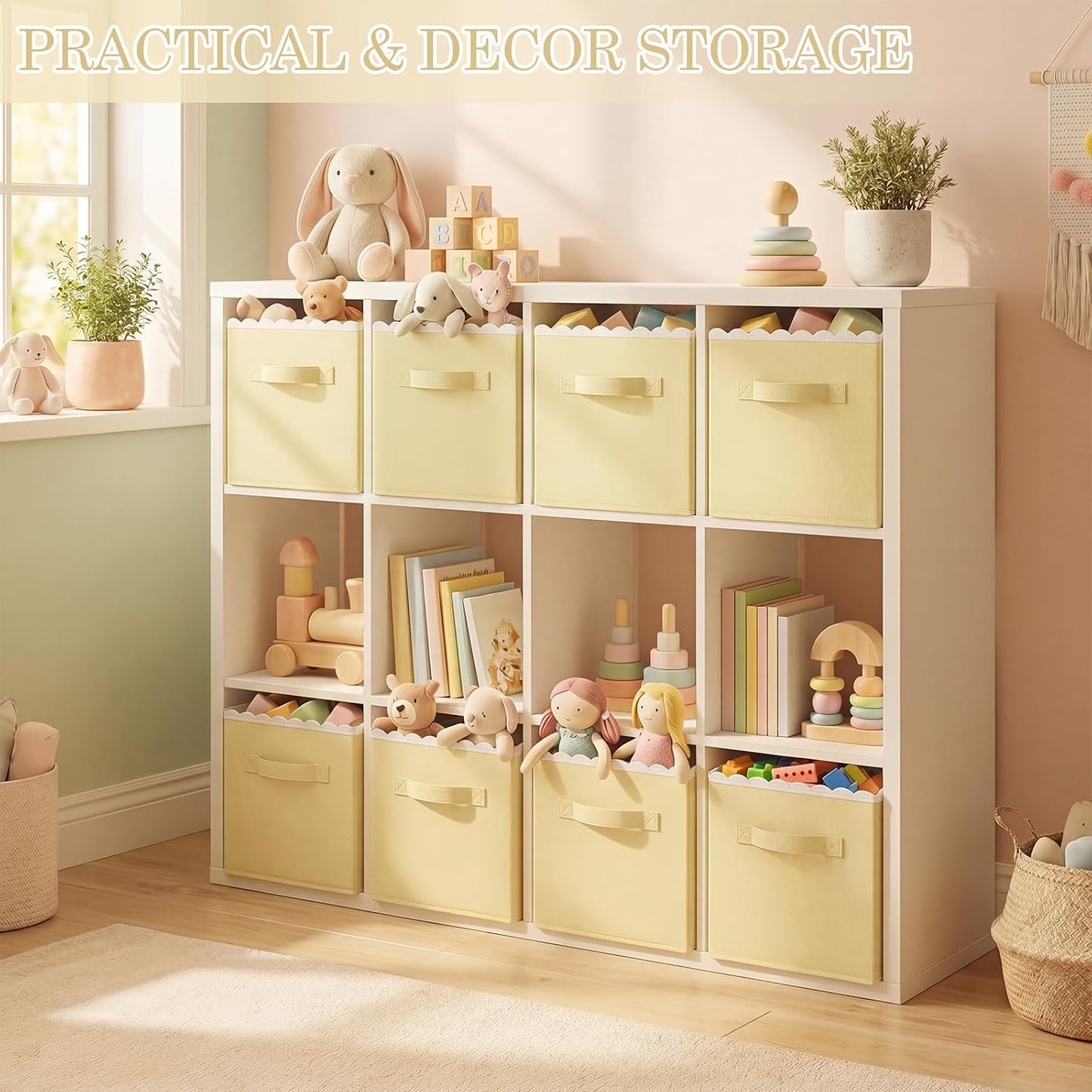 6 Pcs Light Yellow Scalloped Cube Storage Bins 11 Inch Fabric Storage Basket with Handle Collapsible Clothes Closet Organizer Bin for Classroom Books Toy Box Nursery School Organizing