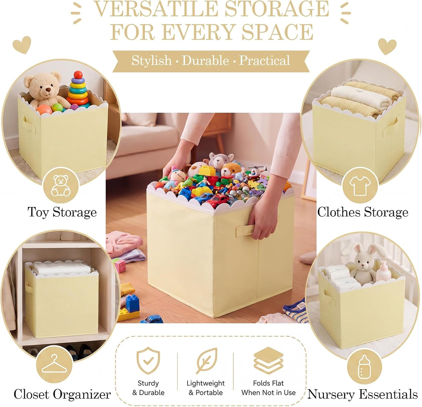 6 Pcs Light Yellow Scalloped Cube Storage Bins 11 Inch Fabric Storage Basket with Handle Collapsible Clothes Closet Organizer Bin for Classroom Books Toy Box Nursery School Organizing