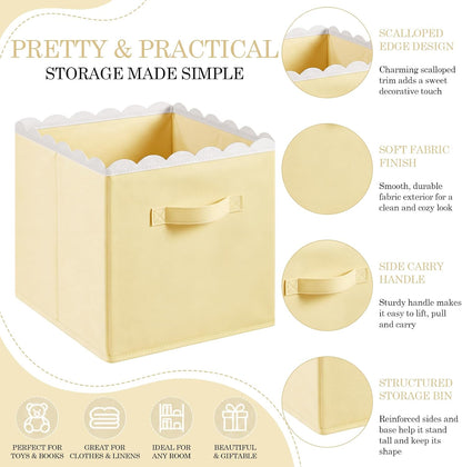 6 Pcs Light Yellow Scalloped Cube Storage Bins 11 Inch Fabric Storage Basket with Handle Collapsible Clothes Closet Organizer Bin for Classroom Books Toy Box Nursery School Organizing