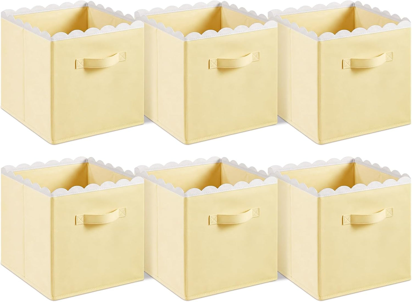 6 Pcs Light Yellow Scalloped Cube Storage Bins 11 Inch Fabric Storage Basket with Handle Collapsible Clothes Closet Organizer Bin for Classroom Books Toy Box Nursery School Organizing