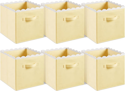 6 Pcs Light Yellow Scalloped Cube Storage Bins 11 Inch Fabric Storage Basket with Handle Collapsible Clothes Closet Organizer Bin for Classroom Books Toy Box Nursery School Organizing