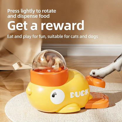 Duck Treat Dispenser for Cat & Dogs, 2-in-1 Little Yellow Duck Dog Feeder, Food Dispenser Toy with Button, Interactive Toy & Slow Feeder (Yellow)
