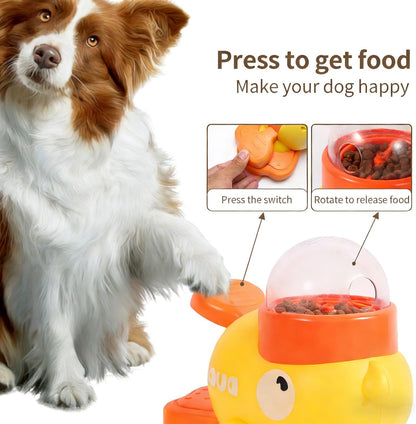 Duck Treat Dispenser for Cat & Dogs, 2-in-1 Little Yellow Duck Dog Feeder, Food Dispenser Toy with Button, Interactive Toy & Slow Feeder (Yellow)
