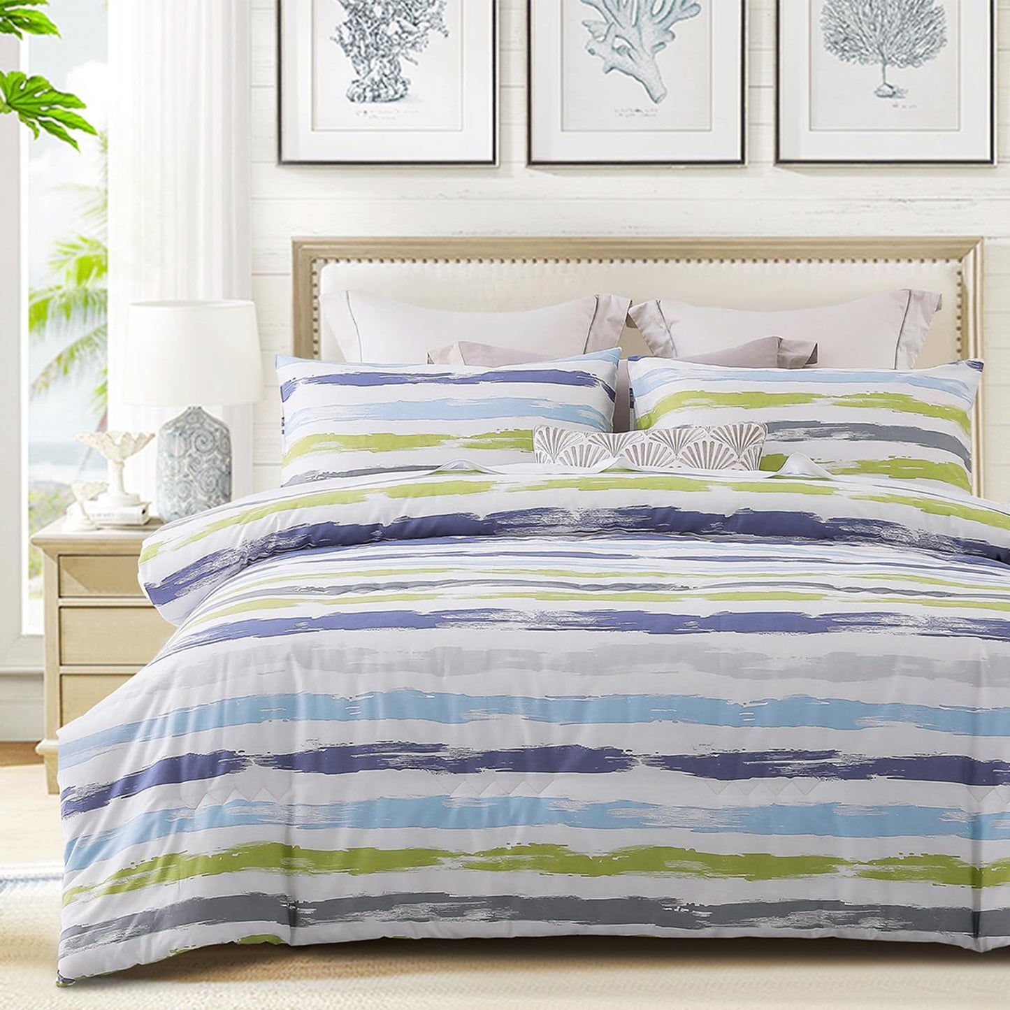 Comforter King Size, 600 Thread Count Cotton Grey Branch with Yellow Turquoise Polka Dot Pattern Green Reversible Comforter Set,Down Alternative Bedding Set 3Pcs(King, Grey Branch)
