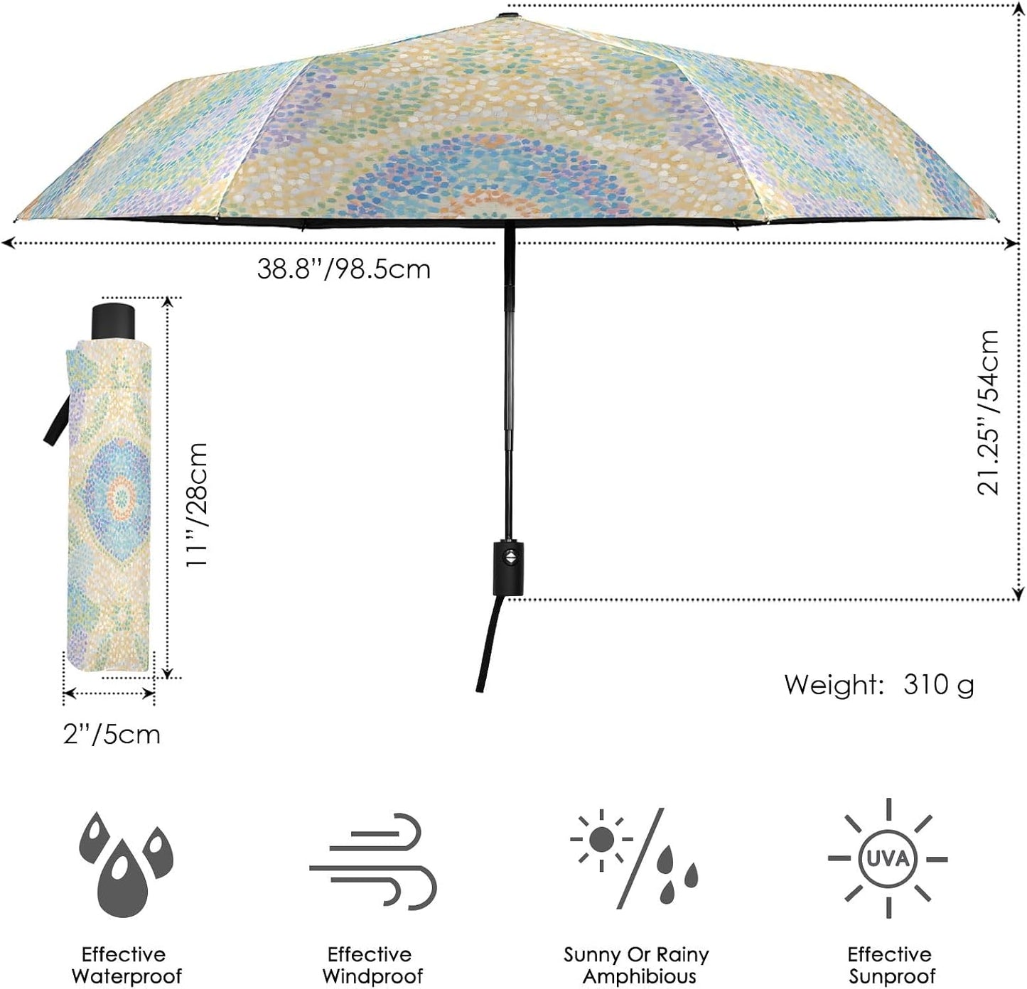 Windproof Automatic Compact Umbrella Mosaic Flower Yellow | Automatic Open Umbrella Compact for Rain and Sun Rust-proof Fits in Purse or Backpack Strong UV Protection