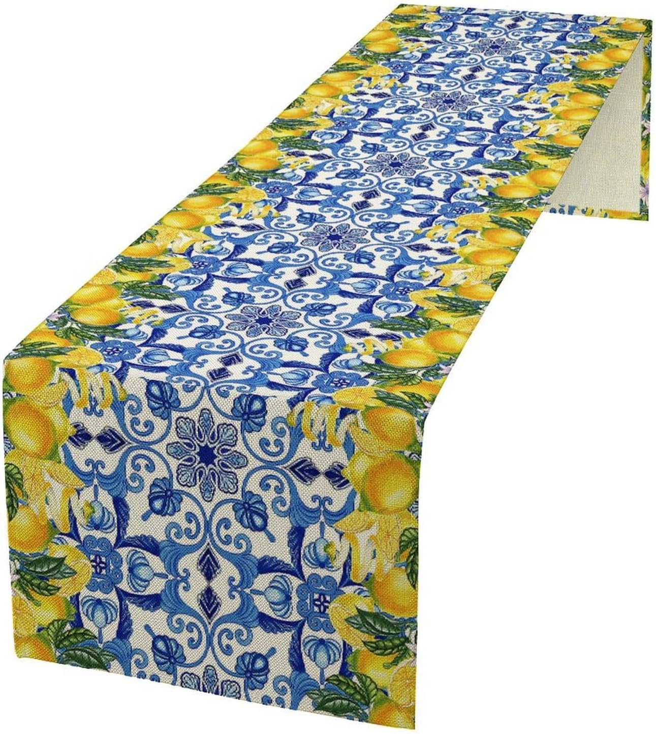 Blue Lemon Table Runner Italy Burlap Artificial Yellow Lemon Fruit Table Runners Farmhouse Coffee Table Center Decor Seasonal Spring Kitchen Dining Table Decoration for Home Party Decor 13x36 Inch