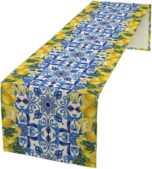 Blue Lemon Table Runner Italy Burlap Artificial Yellow Lemon Fruit Table Runners Farmhouse Coffee Table Center Decor Seasonal Spring Kitchen Dining Table Decoration for Home Party Decor 13x36 Inch