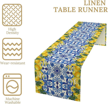 Blue Lemon Table Runner Italy Burlap Artificial Yellow Lemon Fruit Table Runners Farmhouse Coffee Table Center Decor Seasonal Spring Kitchen Dining Table Decoration for Home Party Decor 13x36 Inch