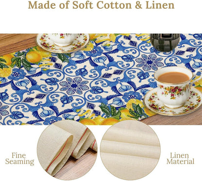 Blue Lemon Table Runner Italy Burlap Artificial Yellow Lemon Fruit Table Runners Farmhouse Coffee Table Center Decor Seasonal Spring Kitchen Dining Table Decoration for Home Party Decor 13x36 Inch