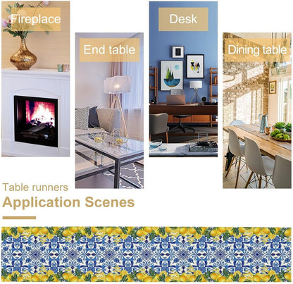 Blue Lemon Table Runner Italy Burlap Artificial Yellow Lemon Fruit Table Runners Farmhouse Coffee Table Center Decor Seasonal Spring Kitchen Dining Table Decoration for Home Party Decor 13x36 Inch