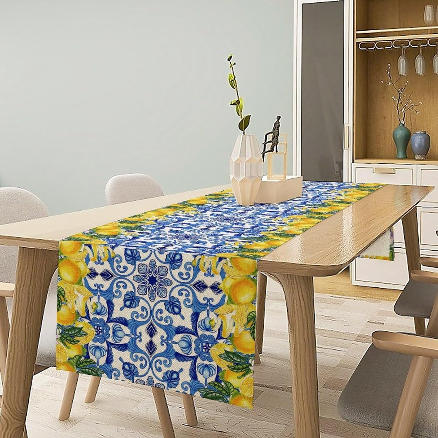 Blue Lemon Table Runner Italy Burlap Artificial Yellow Lemon Fruit Table Runners Farmhouse Coffee Table Center Decor Seasonal Spring Kitchen Dining Table Decoration for Home Party Decor 13x36 Inch