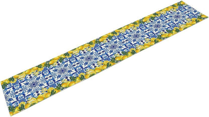 Blue Lemon Table Runner Italy Burlap Artificial Yellow Lemon Fruit Table Runners Farmhouse Coffee Table Center Decor Seasonal Spring Kitchen Dining Table Decoration for Home Party Decor 13x36 Inch