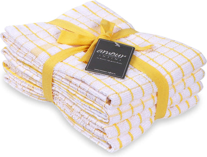 Kitchen Towels Set of 4 - Highly Absorbent, Super Soft Terry Cotton 20x28 Inch Dish Towels with Hanging Loop - Hand & Tea Towels for Cleaning & Drying Dishes (Yellow)