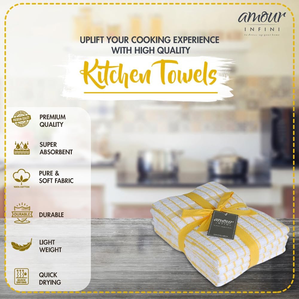 Kitchen Towels Set of 4 - Highly Absorbent, Super Soft Terry Cotton 20x28 Inch Dish Towels with Hanging Loop - Hand & Tea Towels for Cleaning & Drying Dishes (Yellow)