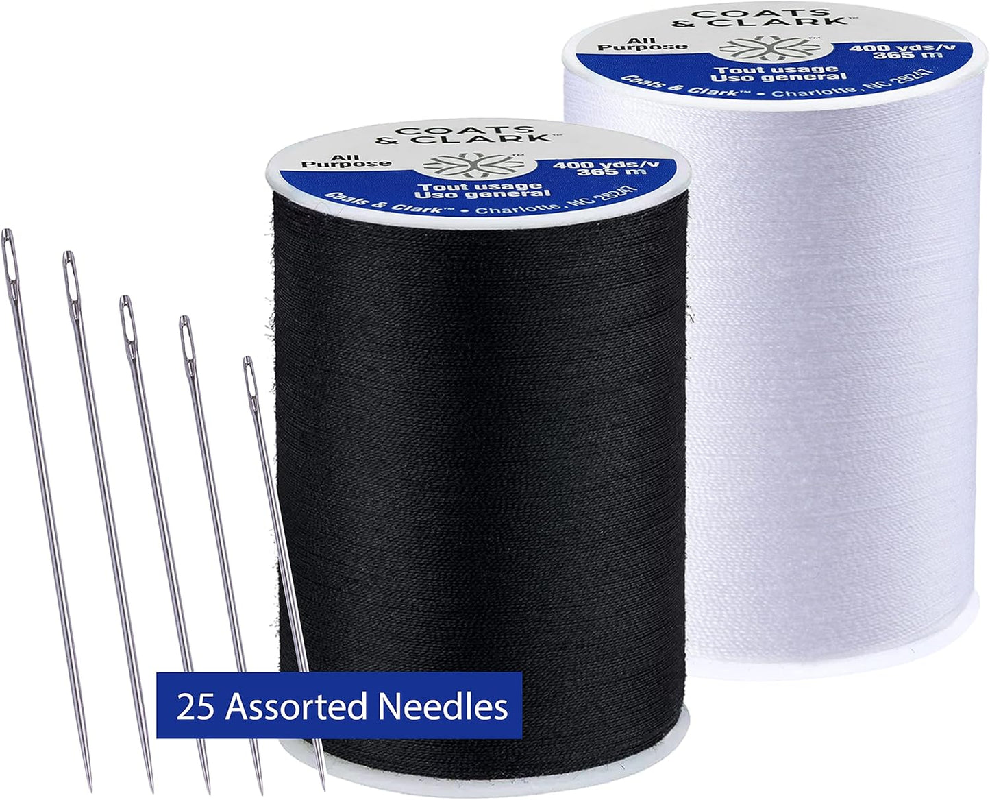 Coats & Clark 2 Pack - 1 Black and 1 White Dual Duty All Purpose Thread - 400 Yards Each Spool - Bundled with 25 Assorted Hand Needles