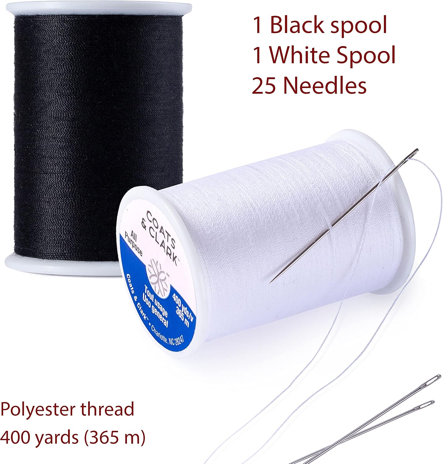 Coats & Clark 2 Pack - 1 Black and 1 White Dual Duty All Purpose Thread - 400 Yards Each Spool - Bundled with 25 Assorted Hand Needles