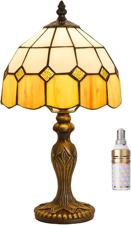 Tiffany-Style 8 Inch Table Lamp Mediterranean Series Stained Glass Lampshades Small Bedside Lamp Reading Antique Desk Light Livingroom Bedroom Office Vintage Art Deco Victorian(Color:Yellow)