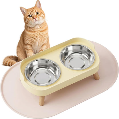 Elevated Cat Bowl, Double Stainless Steel Raised Pet Feeder with Silicone Mat, Modern Style, for Cats and Small Dogs，Lemon Yellow