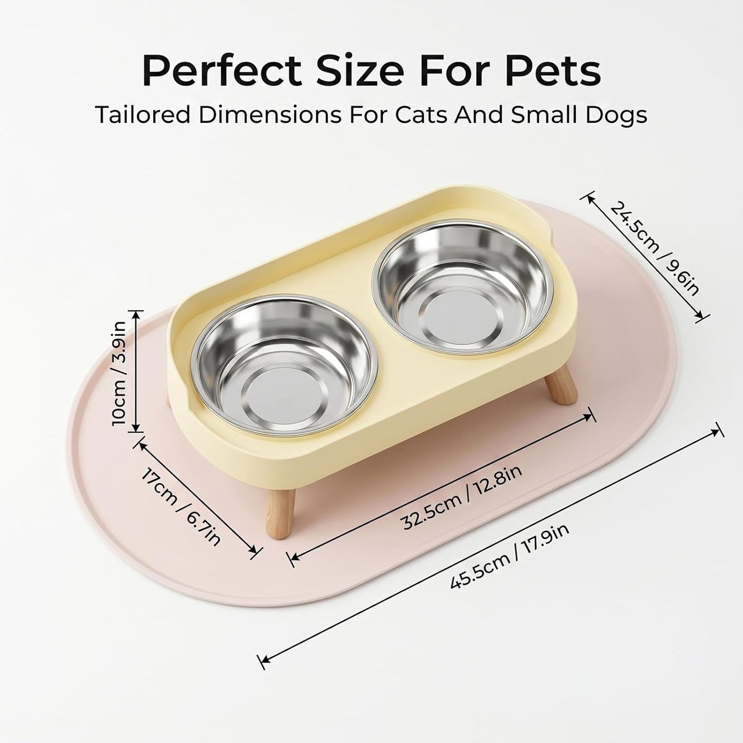Elevated Cat Bowl, Double Stainless Steel Raised Pet Feeder with Silicone Mat, Modern Style, for Cats and Small Dogs，Lemon Yellow