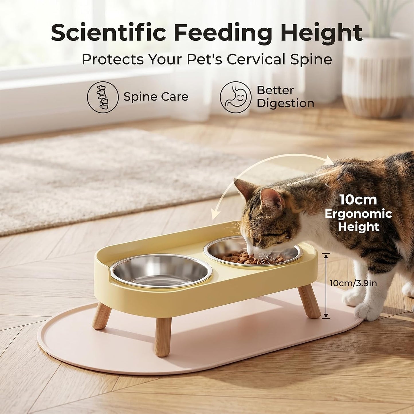 Elevated Cat Bowl, Double Stainless Steel Raised Pet Feeder with Silicone Mat, Modern Style, for Cats and Small Dogs，Lemon Yellow
