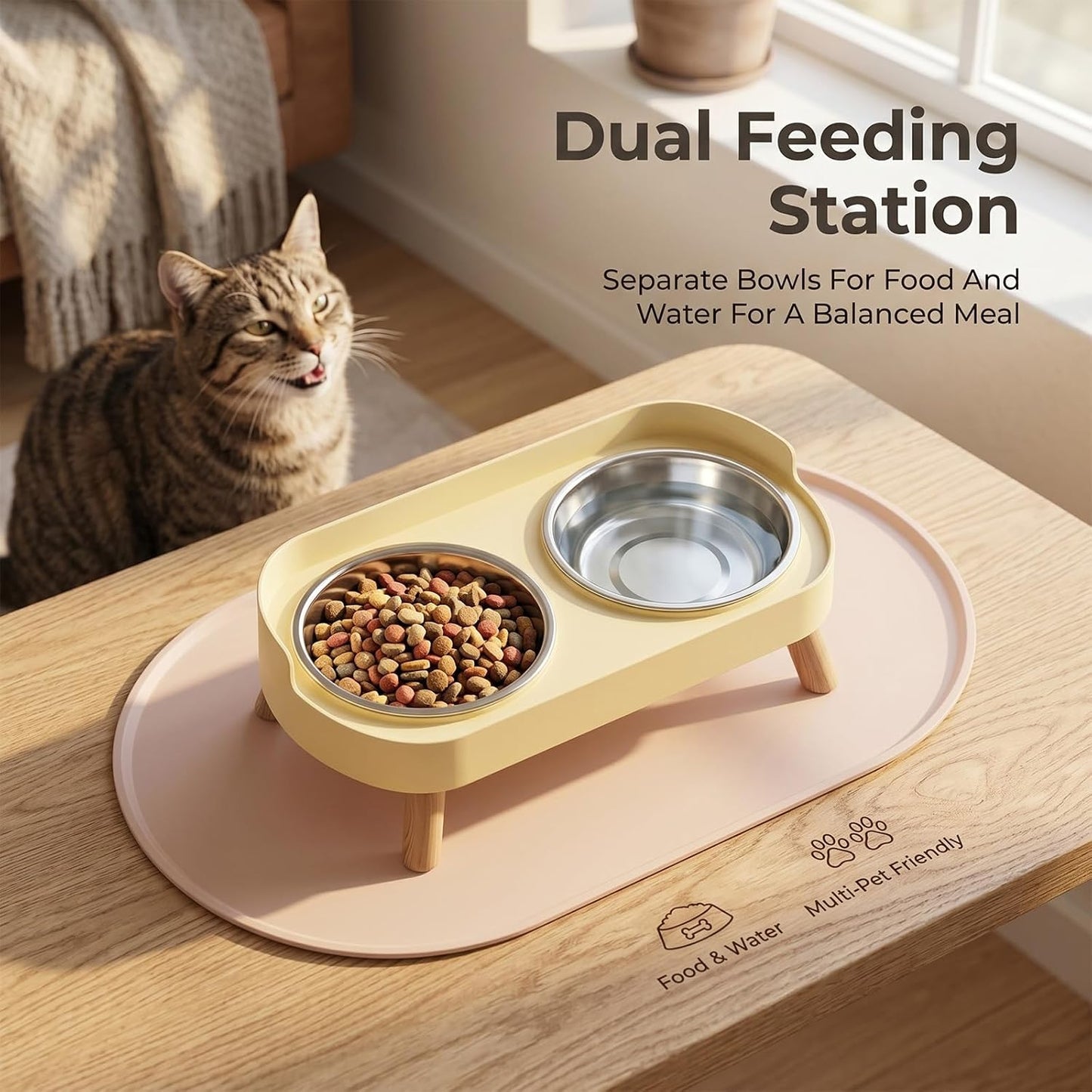 Elevated Cat Bowl, Double Stainless Steel Raised Pet Feeder with Silicone Mat, Modern Style, for Cats and Small Dogs，Lemon Yellow