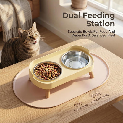 Elevated Cat Bowl, Double Stainless Steel Raised Pet Feeder with Silicone Mat, Modern Style, for Cats and Small Dogs，Lemon Yellow