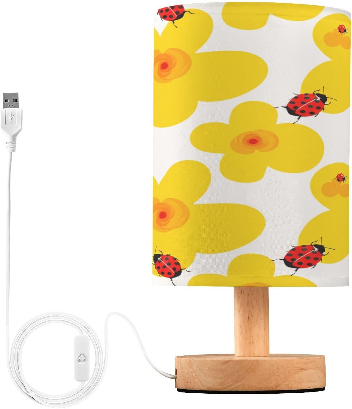 Yellow Flowers Bedside Table Lamp, Small LED Desk Light USB Nightstand Lamp with Non Slip Wood Base & Eye-Friendily Lampshade for Living Room Bedroom Dorm Home Office Desk Decor