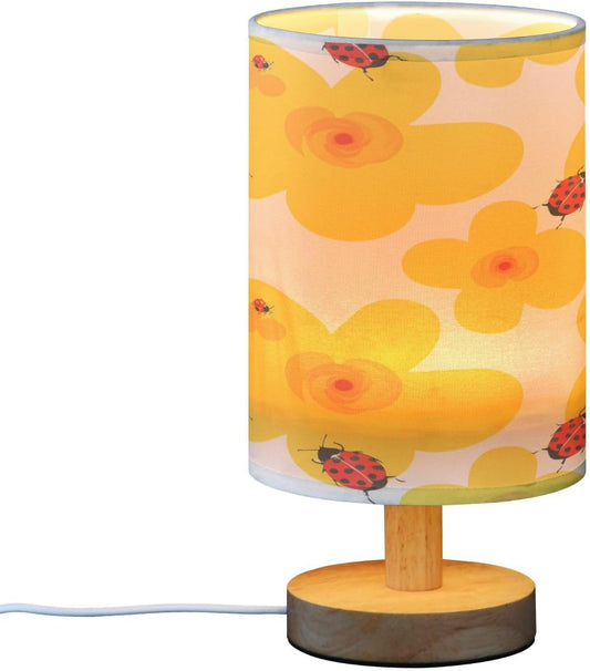 Yellow Flowers Bedside Table Lamp, Small LED Desk Light USB Nightstand Lamp with Non Slip Wood Base & Eye-Friendily Lampshade for Living Room Bedroom Dorm Home Office Desk Decor