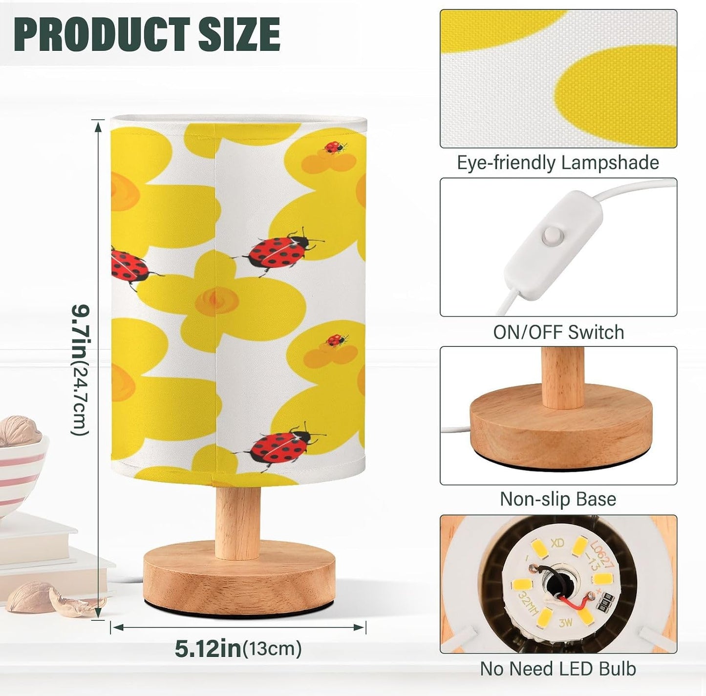 Yellow Flowers Bedside Table Lamp, Small LED Desk Light USB Nightstand Lamp with Non Slip Wood Base & Eye-Friendily Lampshade for Living Room Bedroom Dorm Home Office Desk Decor