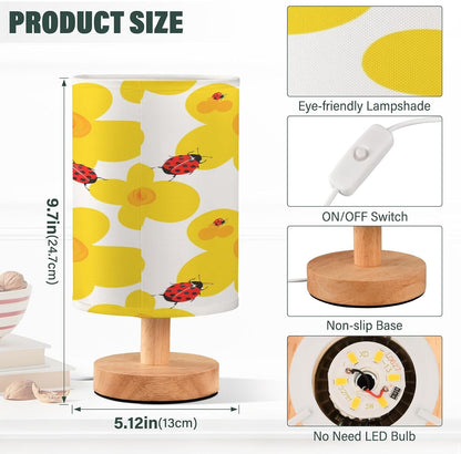 Yellow Flowers Bedside Table Lamp, Small LED Desk Light USB Nightstand Lamp with Non Slip Wood Base & Eye-Friendily Lampshade for Living Room Bedroom Dorm Home Office Desk Decor