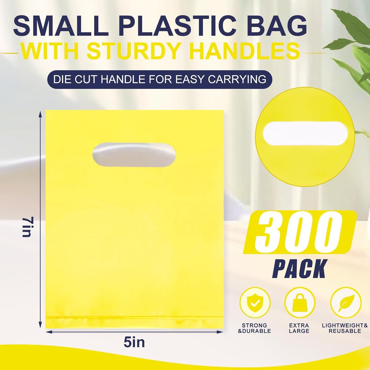 Yellow 300 Pcs 5"x7" Small Plastic Gift Bags with Handles, Mini Goodie Treat Bag Bulk for Candy, Birthday Graduation Party Favor Merchandise Bags for Small Business