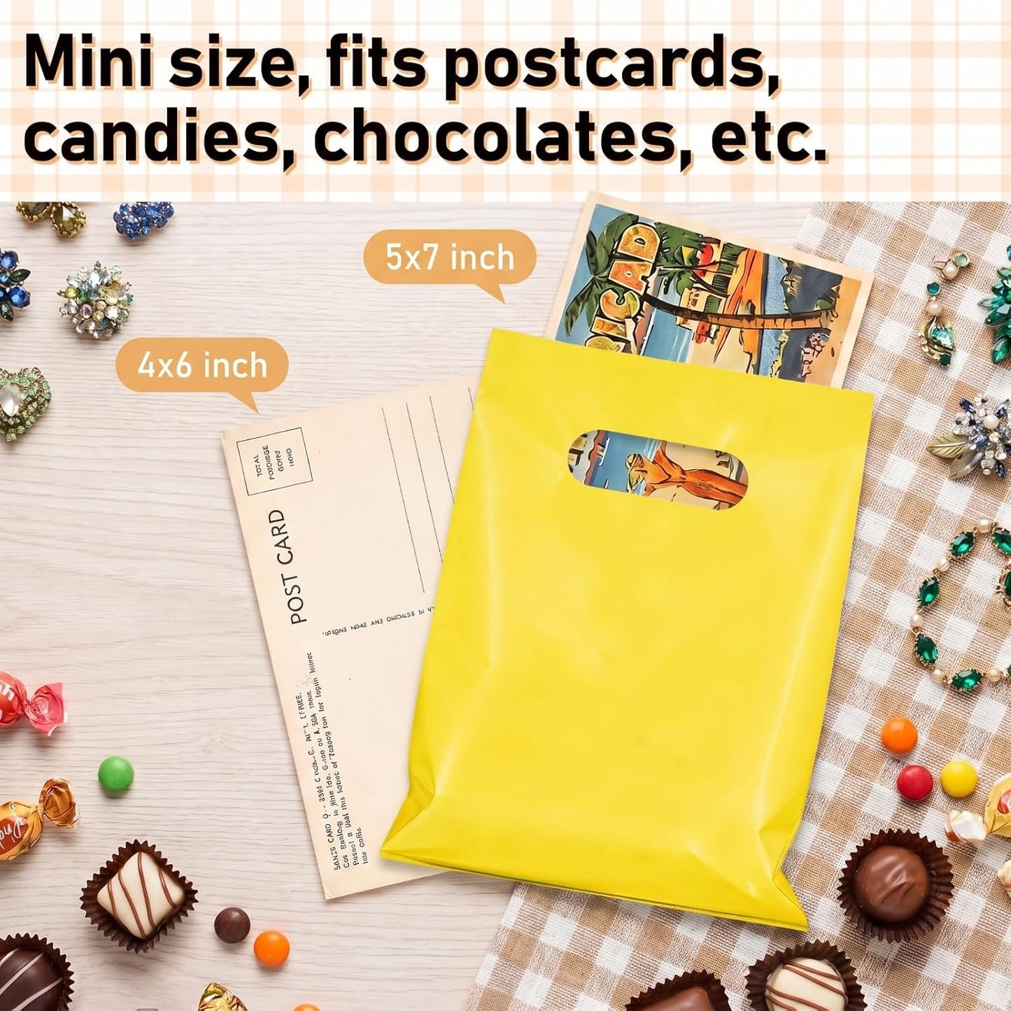 Yellow 300 Pcs 5"x7" Small Plastic Gift Bags with Handles, Mini Goodie Treat Bag Bulk for Candy, Birthday Graduation Party Favor Merchandise Bags for Small Business