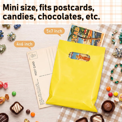 Yellow 300 Pcs 5"x7" Small Plastic Gift Bags with Handles, Mini Goodie Treat Bag Bulk for Candy, Birthday Graduation Party Favor Merchandise Bags for Small Business