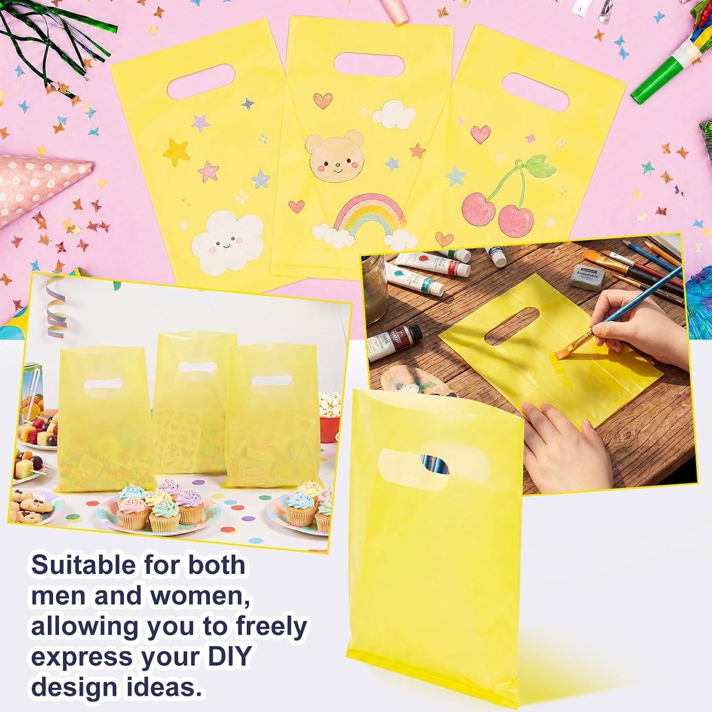 Yellow 300 Pcs 5"x7" Small Plastic Gift Bags with Handles, Mini Goodie Treat Bag Bulk for Candy, Birthday Graduation Party Favor Merchandise Bags for Small Business