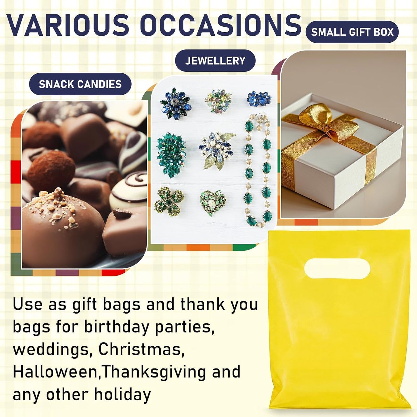 Yellow 300 Pcs 5"x7" Small Plastic Gift Bags with Handles, Mini Goodie Treat Bag Bulk for Candy, Birthday Graduation Party Favor Merchandise Bags for Small Business