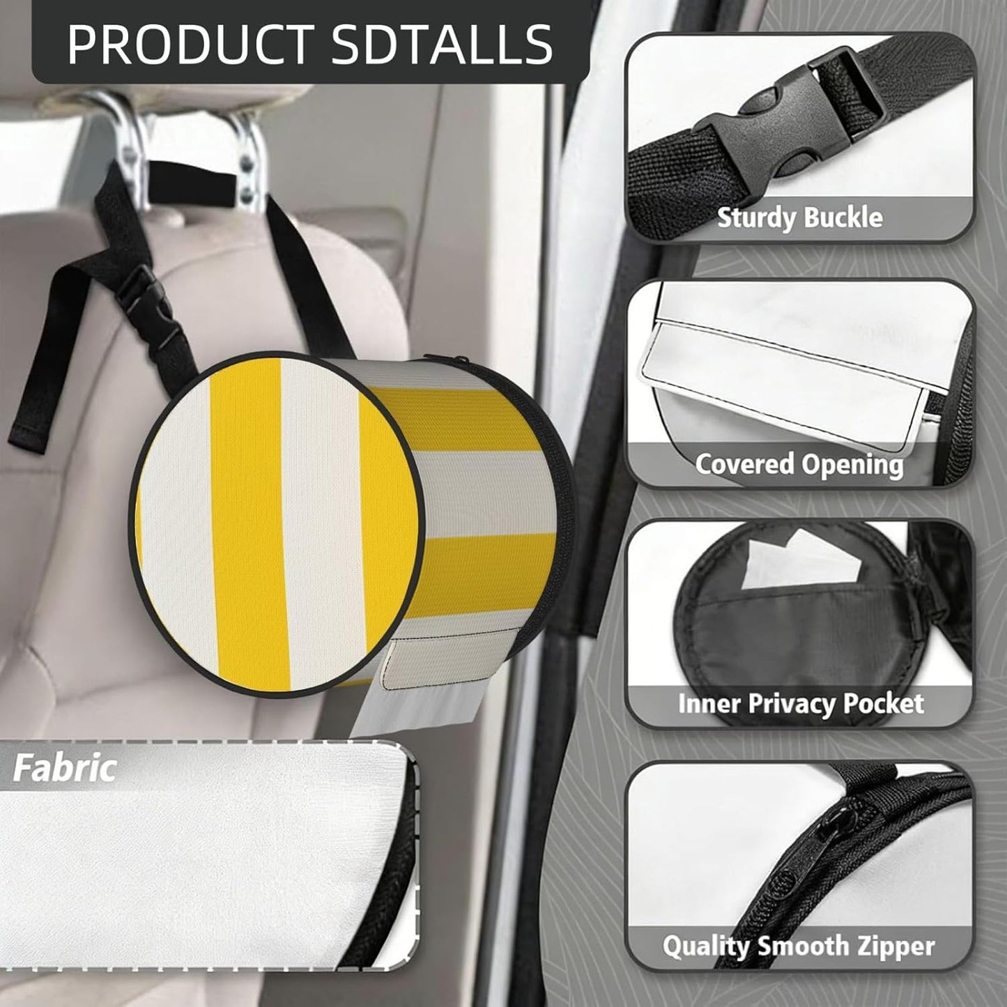 Lemon Yellow Stripes Hanging Toilet Paper Holder Waterproof Tissue Holder Cat Proof Roll Paper Case Cover Portable Foldable Roll Storage Bag with Adjustable Strap for Travel Car Camping Outdoor