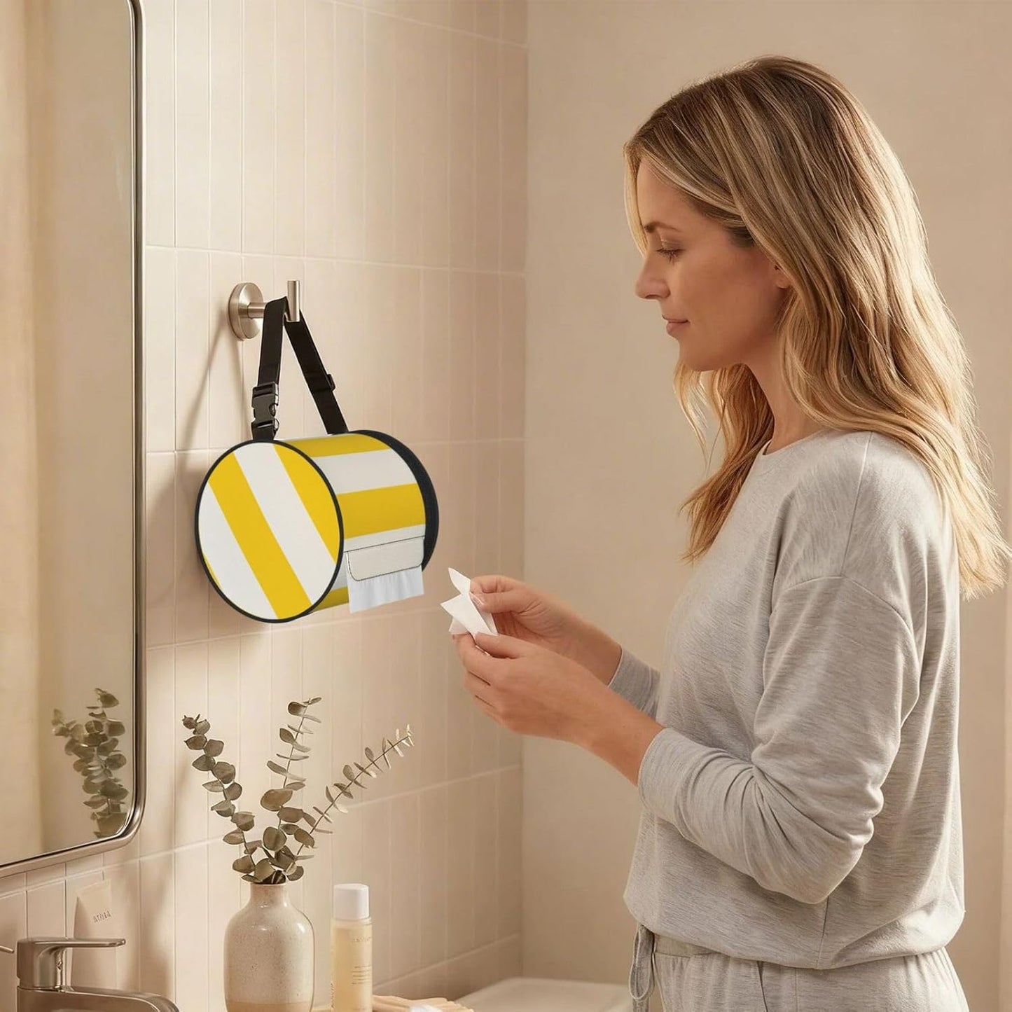 Lemon Yellow Stripes Hanging Toilet Paper Holder Waterproof Tissue Holder Cat Proof Roll Paper Case Cover Portable Foldable Roll Storage Bag with Adjustable Strap for Travel Car Camping Outdoor